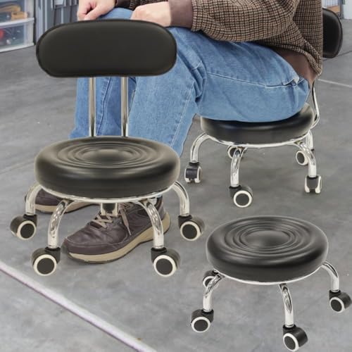 Japard Low Rolling Stool with Wheels High Backrest Garage Mechanic Roller Seat Chair, PU Leather Padded, Heavy Duty 220 lbs, Black