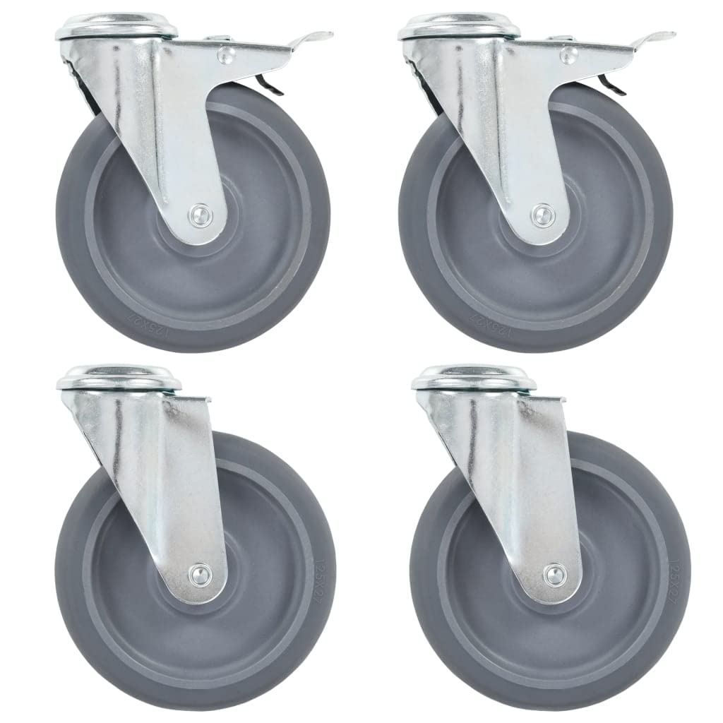 Ruote girevoli con foro per bulloni, 4 pezzi, 125 mm TPR grigio, ferro zincato, 80 kg per ruote, 2 con doppi freni, per banco da lavoro, carrello, carrello e logistica di magazzino