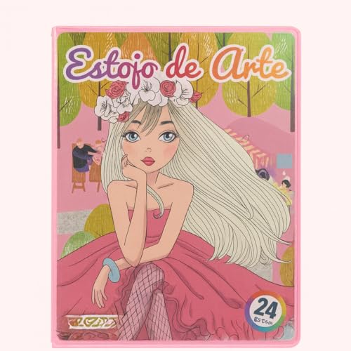 Estojo de Arte Maleta de Pintura Infantil 24 Peças Estampa Diversas Design Moderno Rosa e Verde Estilo Anime Material escolar Plástico Portátil para Desenho com Capa Protetora