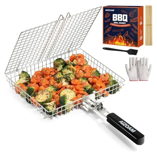 AIZOAM Portable Stainless Steel BBQ Barbecue Grilling Basket for Fish,Vegetables, Steak,Shrimp, Chops and Many Other Food .Great and Useful BBQ Tool.-【Bonus an Additional Sauce Brush】.