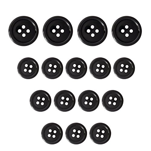 ButtonMode Standard Suit Buttons 16pc Set Includes 4 Buttons Measuring 19mm (3/4 Inch) for Jacket Front, 12 Buttons Measuring 15mm (5/8 Inch) for Jacket Sleeves and Pants, Black, 16-Buttons