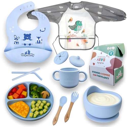 tinyfluffy Vajilla Bebe - Cubiertos Bebe, Vajilla Bebe Silicona, Plato Bebe, Baberos Bebe Impermeable, precucharas bebe blw, Plato Bebe Ventosa, Cubiertos Infantiles, Babero Bebe Silicona (azul)