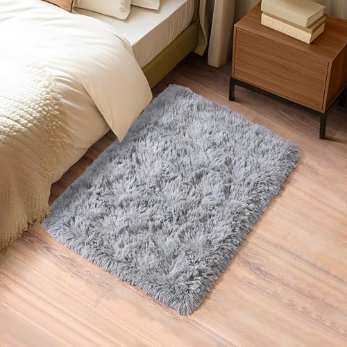 BSGIFT Teppich Hochflor Flauschig 60x110 Läufer Grau, Shaggy Langflor Teppich Wohnzimmer rutschfest für Schlafzimmer Kinderzimmer, Modern Wohnzimmerteppich Bettvorleger High-Pile Carpet