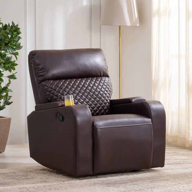 Image of Home Centre | Asher | Faux Leather | Solid Wood | 1 Seater Recliners | Brown | 2 Years Warranty