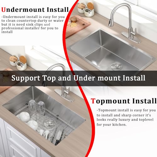 Image of 16 Gauge Stainless Steel Kitchen Sink Single Bowl Sink with Kitchen Faucet, Roll Up Rack and Bottom Dish Grip Support Top or Under Mount Install Sink for Kitchen (30 inchx18 inch)
