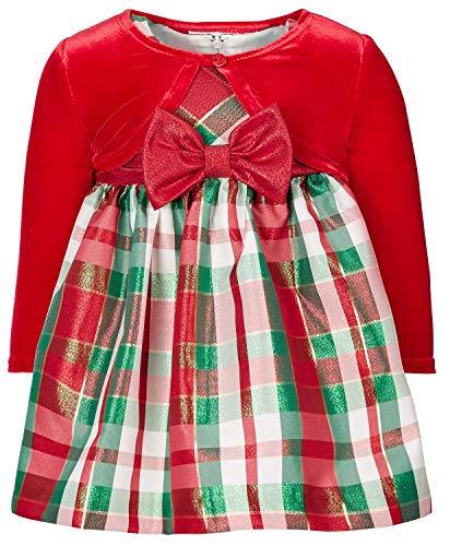 Bonnie Jean Baby Girl's Holiday Christmas Dress - Plaid with Red Velvet Cardigan (24 Months)