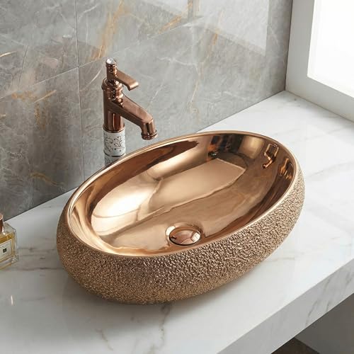 Image of Inart Table Top Premium Designer Ceramic Wash Basin /Vessel Sink for Bathroom 24 x 16 x 6 Inch Rose Golden Color Polished Finish