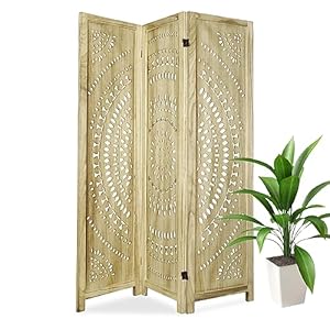 ECOMEX 3 Panel Wood Room Dividers Fully Assembled 5.6Ft Carved Room Dividers and Folding Screens Room Divider Screen Wood Freestanding Partition for Home Bedroom Office Restaurant, Natural