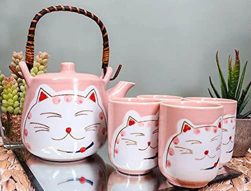 Ebros Gift Japanese Design Maneki Neko Lucky Beckoning Cat Matte Pink 20oz Ceramic Tea Pot and Cups With Strainer Set Service For 4 Excellent Home Decor Teapots Housewarming Birthday Feline Cats Gifts