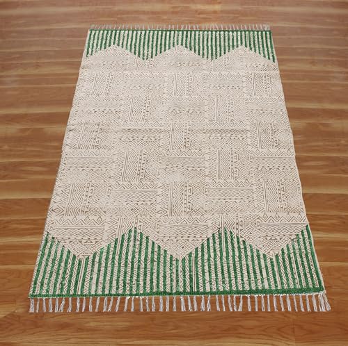 Tapis de 1,5 m en coton vert et beige facile à nettoyer pour intérieur