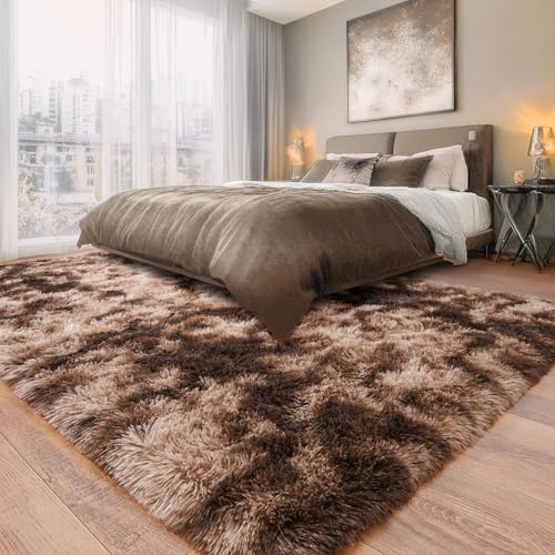 Rugs for Living Room 9x12, Soft Shaggy Modern Shag Area Rug for Bedroom, Upgrade Non-Slip Plush Fluffy Carpet for Kids Boys Girls Room Home Decor Aesthetic, Tie-Dyed Brown
