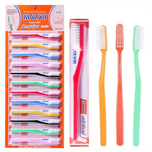 Image of MAXI Angular Hard Toothbrush | Helps Improve Gum Health | Deep Plaque & Stain Removal | Manual Hard Bristles Tooth Brush | Multicolor Pack of 12