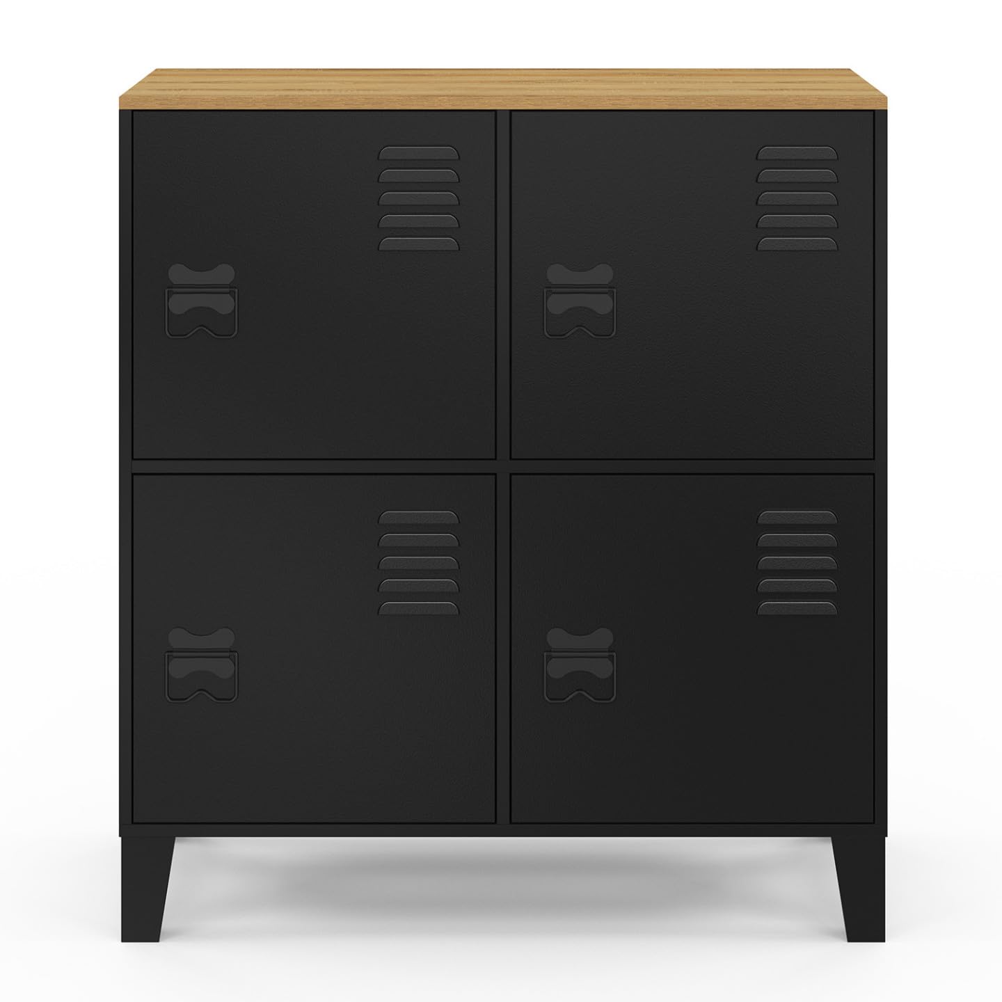 IDMarket – Aparador auxiliar de taquilla de 70 cm Ester 4 puertas de metal negro bandeja madera diseño industrial