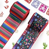 Threetols 2 Rolls 10 Yards Cinco de Mayo Wired Edge Ribbon, 2.5inch Mexican Fiesta Burlap Ribbon, Rainbow Stripe Flower Serape Gift Wrapping Ribbon for Fiesta Party DIY Craft Wreaths Bow Decoration