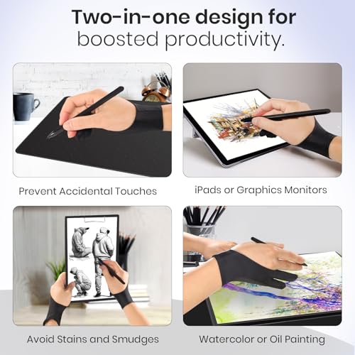 Guante digital para dibujo con rechazo de palma en 3 capas, guante artístico de dos dedos para iPad y tabletas gráficas, apto para mano izquierda y derecha, incluye 3 paños de limpieza (paquete de 6 unidades, tallas S, M y L) miniatura 4