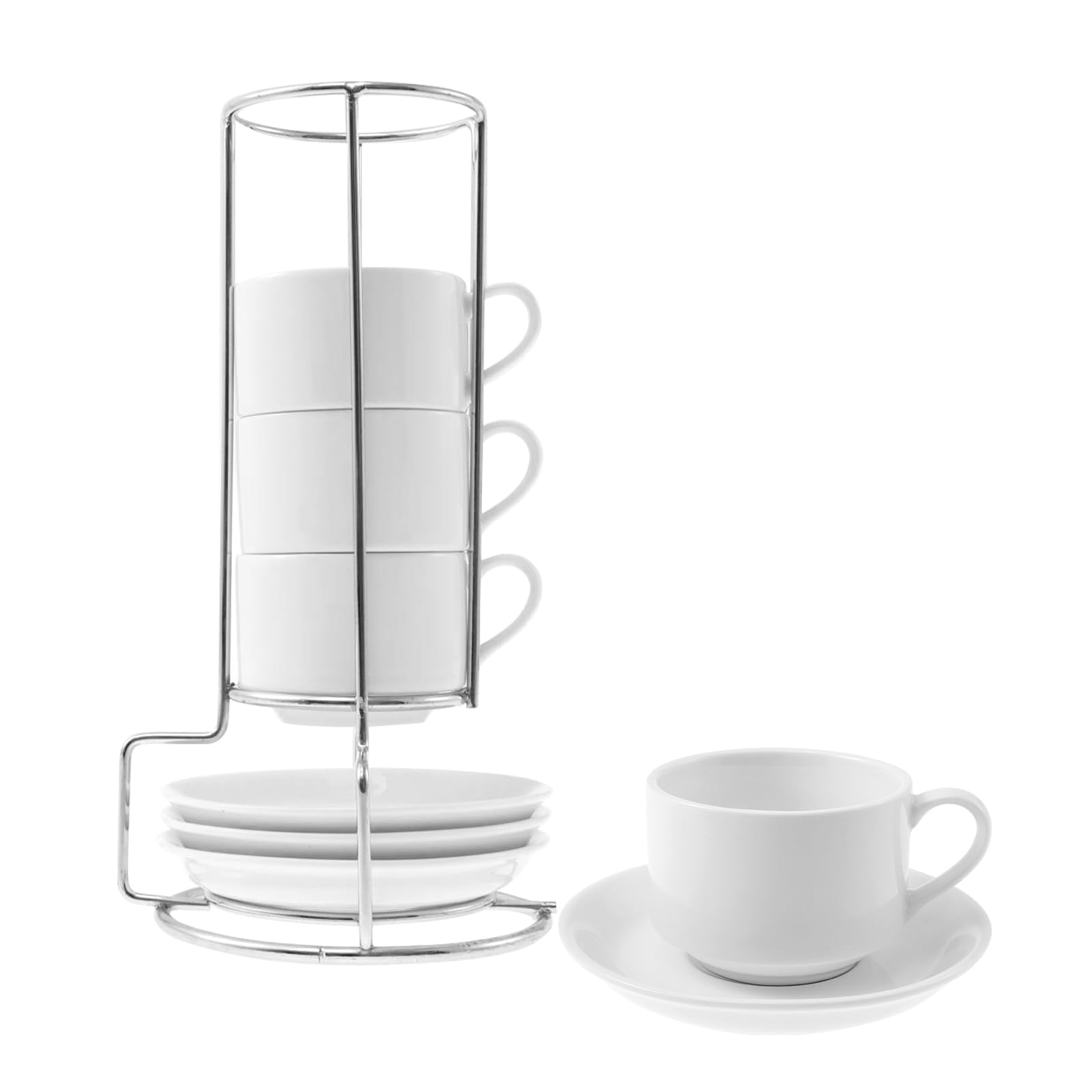 Lulobtg White Ceramics Coffee Cup Set Of 4, 6.6X4.5cm Cappuccino Cups With Saucers And Metal Stand, Porcelain Stackable Espresso Cups Kit For Latte, Specialty Coffee,Cafe, Mocha,Tea(White)