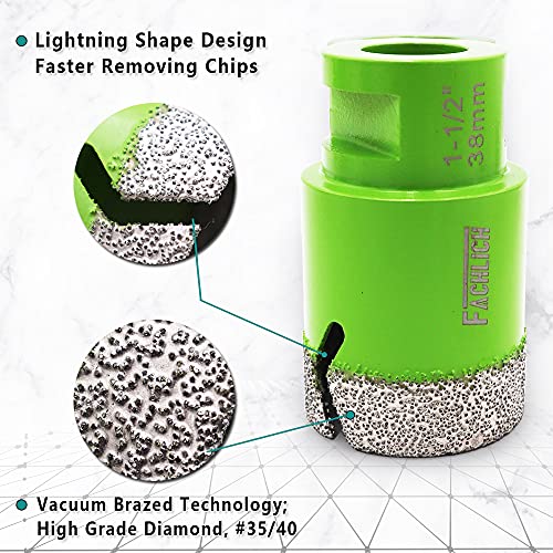 Image of Diamond Core Drill Bit,2pcs Diameter 1-1 /2 inch 38mm Thread 5 /8-11,Vacuum Brazed Dry Wet Hole Saw for Porcelain Tile,Granite,Marble,Concrete,Masonry,Brick