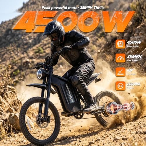 Image of HAPPYRUN G18pro Electric Dirt Bike for Adults - 4500W Peak Motor 60V 35Ah Battery, 38 mph Top Speed, 75 Mile Range, 5-Level Speed Control, Full Suspension, Hydraulic Brakes
