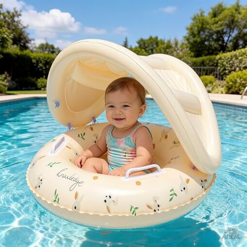 Bouée pour bébé et siège de natation gonflable rétro ours avec pare-soleil