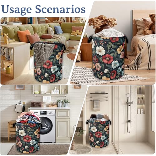 Image of Floral Boho Laundry Basket,Foldable Oxford Cloth Pink Flower Vintage Laundry Hamper with Handles, 20.8 inchx16 inch Tote Bag Clothes Storage Bucket for Laundry Room /Bathroom /Bedroom /Dormitories