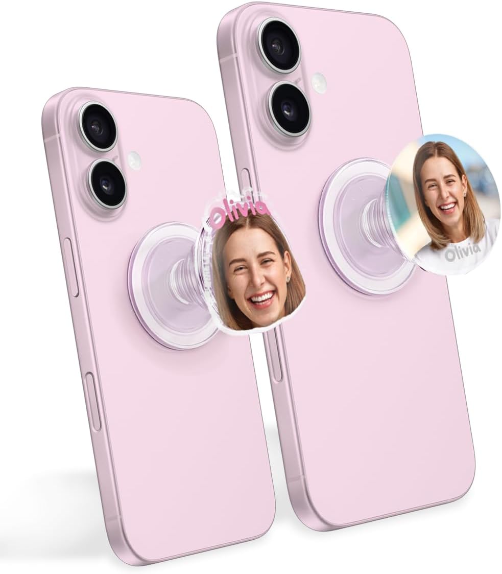 Custom Phone Grip for Phone & Kindle - Personalized Face-Cut Shape with Your Photo - Clear Grip with Pink Black Design for Back of Tablet - Expanding Kickstand Durable Adhesive - Gift for Men Women