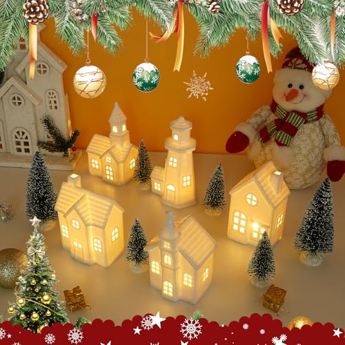 Luxstyra 11Pcs White Ceramic Christmas Village Houses with Timer - image 7