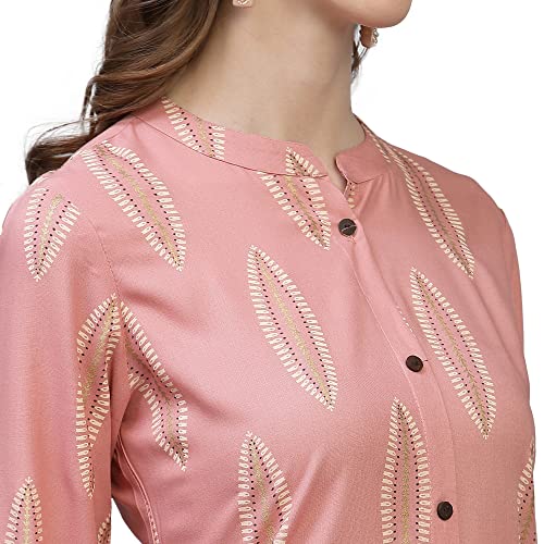Image of Stylum Women's Turquoise Block Printed Rayon A-Line Kurta | Office Kurtas for Women (Available in Plus Sizes)