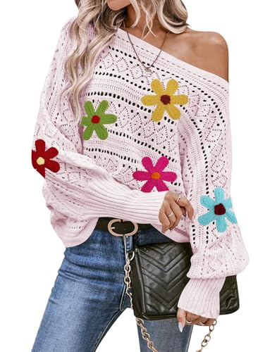 Image of Cakulo Womens Off Shoulder Crochet Sweater Top 2025 Fall Fashion Batwing Long Sleeve Sweaters Outfits Flower Pink S