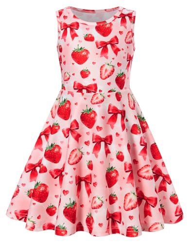 ALISISTER Toddler Spring Dress 4t 5t Sleeveless Girls Summer Dresses Size 4 5 Strawberries Summer Outfits Pink Bow Strawberries 4-5 Years