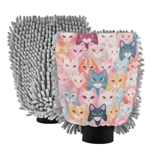 IOACIY Absorbent Microfiber Car Wash Drying Mitts, 2 Pack, Scratch-Free & Lint-Free, Rich Foam, Highly Absorbent, Double Sided, Wash Mitt Perfect for Car Washing, M, Flower Cat (1)