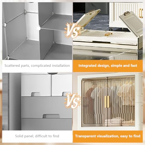 Image of HASTHIP 4-Door Collapsible Plastic Wardrobe 55x33x141cm Stackable Folding Wardrobe Cabinet Organizer with Door Universal Caster Wheels with Brake Freestanding Easy Almirah for Clothes and Bedroom