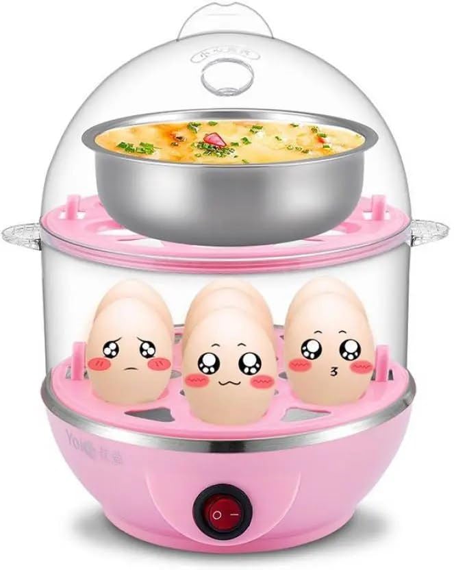 2-Layer Electric Egg Boiler with Glass Lid, Stainless Steel Egg Cooker, Multi-Function Automatic Shut-Off, Pink, Steam Eggs Soft, Medium, Hard-image-35