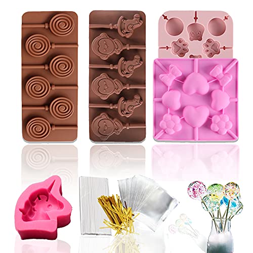 29 Capacity Lollipop Mold 5PCS Lollipop Molders Food Grade Silicone,of 100 Lollipop Sticks, Lollipop Bags &Twist Ties,Round Bow-Knot, Shape Animal