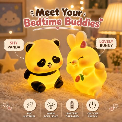 Image of Cubbie Shy Panda & Lovely Bunny Night Light Combo for Kids, 2 PCS PVC Warm Light, Battery Operated Cute Bedside Lamps (Shy Panda Lovely Bunny)