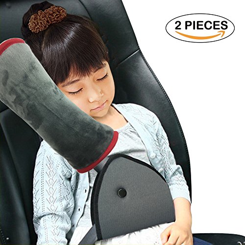 Car Seat Belt Pillow and Adjuster Kit for Kids, WOMUMON Super-soft Headrest Neck