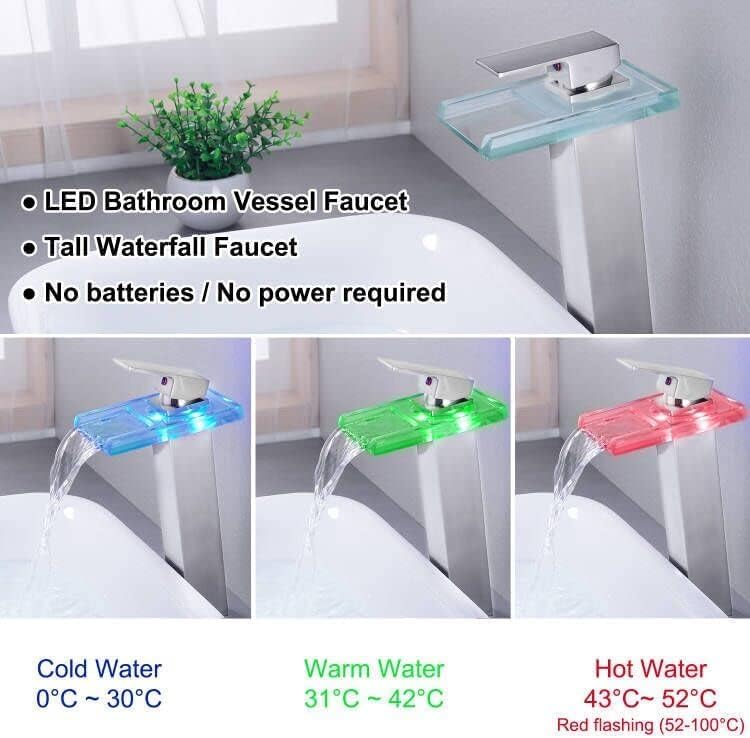 led bathroom sink faucet brushed nickel, tall vessel sink faucet waterfall single handle 1 hole and 2 water supply lines, brass faucet with open glass spout