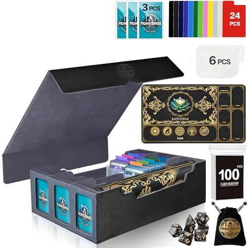 PROMAXIBINDER MTG Trading Card Storage Box with Playmat Fits 3000+ Cards, 3-Row Commander Deck Case, 3 Display Windows, 6 Movable Partitions, 24 Dividers, for Magic/TCG/YuGiOh/Sport (Black&Grey)