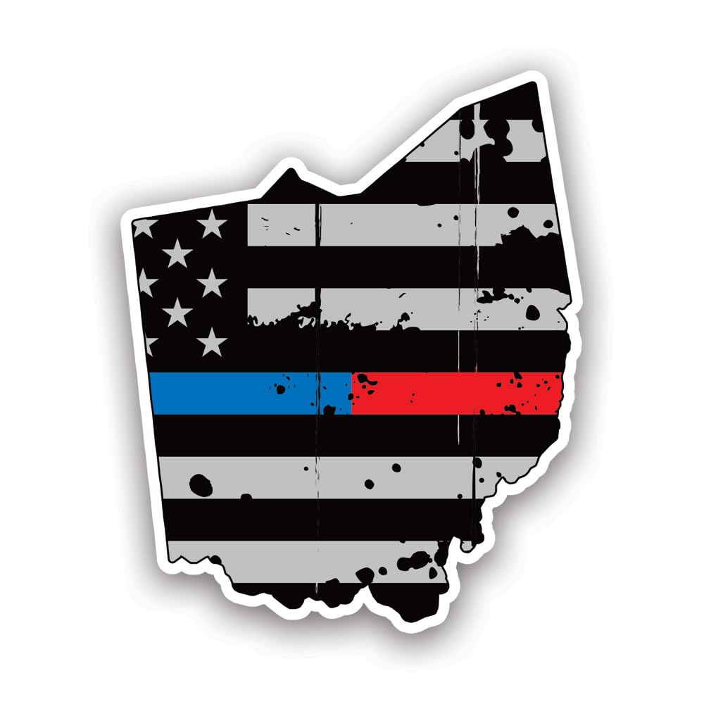 Distressed Thin Blue Red Line Ohio State Shaped Subdued US Flag Sticker Decal - Self Adhesive Vinyl - Weatherproof - Made in USA - USA American Flag First Responder oh 4" Wide