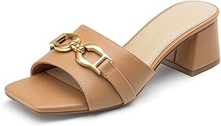 Athlefit Raffia Heeled Sandals Women Slip On Chunky Block Heels for Summer | Raffia & PU Upper, Square Open Toe, Metal Chain Accent, 2" Low Heel, Dressy Summer Slide Sandals for Work , Beach, Vacation