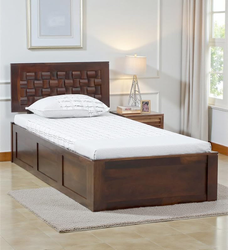 Image of Solid Sheesham Wood Woodora Single Bed with Box Storage | Wooden Single Bed Cot Palang Furniture for Bedroom Living Room Home and Hotel (Provincial Teak Finish)
