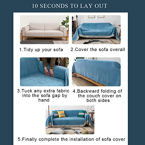 Dreamingo Blue Couch Cover Solid Chinese Style Chenille Couch Cover For Dogs With Jacquard Edge, Sofa Covers For 3 Cushion Couch Sectional L Shape Sofa Furniture Protector Slipcover, 71X134In #TOP5