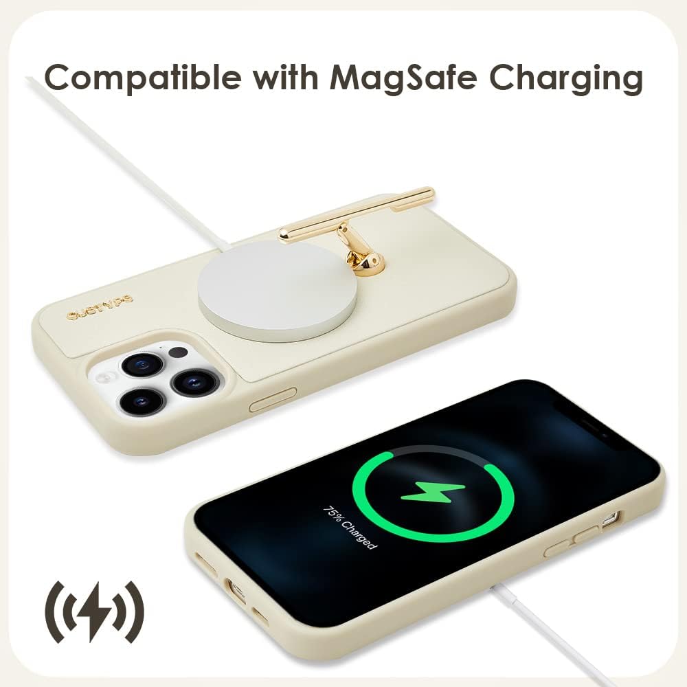 CUSTYPE Women Case for iPhone 15,[2-Way Stand] Metal Kickstand,Slim Fit Leather Shockproof Protective Case for iPhone 15 6.1 inch Beige