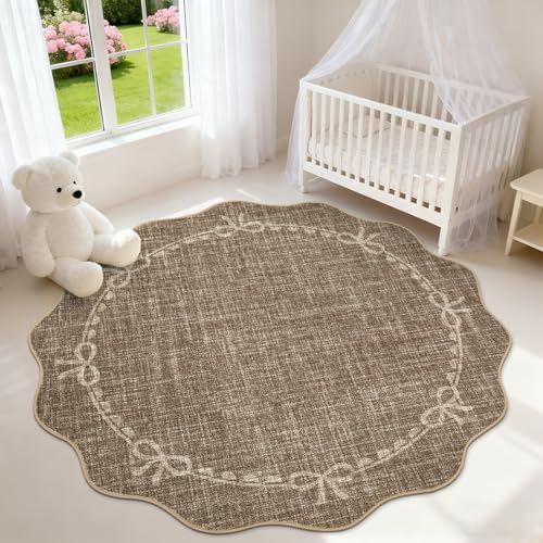 GarveeHome 5ft Round Rugs Washable Scalloped Bow Rug for Bedroom, Brown