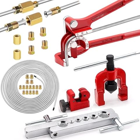 Tnisesm 3/16Inch Brake Line Flaring Tools kit Include Zinc-Plated Brake Lines with Fitting (16Pcs Fittings,2Pcs Unions+4Pcs Nut) Brake line Bender Single Flare Tool,Cutter 3/16Inch Brake line kit Cover