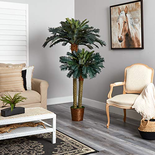 Nearly Natural 5033 6Ft. & 4Ft. Sago Palm Double Potted Silk Tree,Green,Small Stalk: 48"H, Large Stalk: 72"H #TOP1