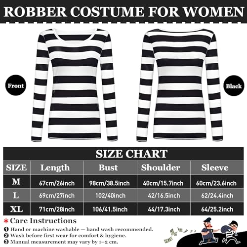 Disfraz de Ladron Mujer, Conjunto De Disfraz Ladrón Adulto Incluye Camiseta Rayas Blancas y Negras, Gorro Ladrón, Antifaz, Calcetines y Bolsa Lona Dinero, Ideal para Cosplay Halloween Carnaval