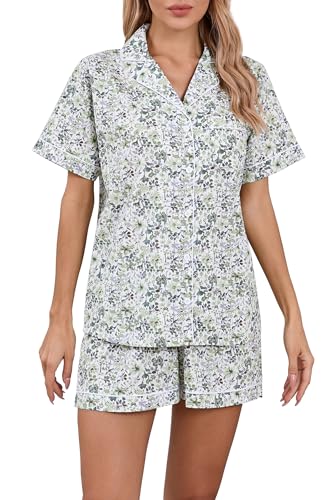 LUBOT 100% Cotton Women's Pajamas Set Button-Down Two-piece PJ Set Short Sleeve Printed Patterned Summer Sleepwear Loungewear (Green Floral, M)