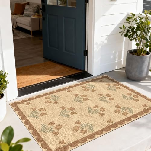 Othilic Floral Outdoor Rug - 28" x 43" Front Door Mat Indoor Outside Entrance Non-Slip Washable Outdoor Mat Jute-Look Tan Scalloped Rug for Entryway Kitchen Mudroom Layered Doormat for Front Porch