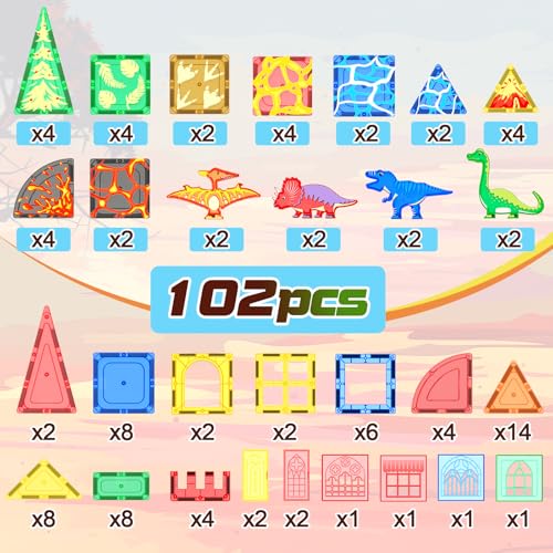102PCS Dinosaur Toys Magnetic Tiles with 8 Dinosaurs - Jurassic Scenes Dinosaur World Adventure Set, Magnetic Blocks Kids Toys for Boys & Girls Ages 3+, Sensory Toddler Creative Kids Games Gifts - Image 6