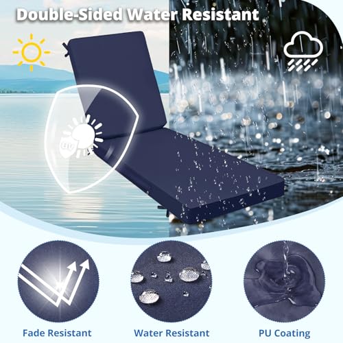 Fabuday Chaise Lounge Chair Cushions for Outdoor Furniture - 72 x 21 x 3 Inch Waterproof Patio Pool Sunbrella Lounger Pads Replacement with Removable Cover, Navy, Set of 2 — view 5